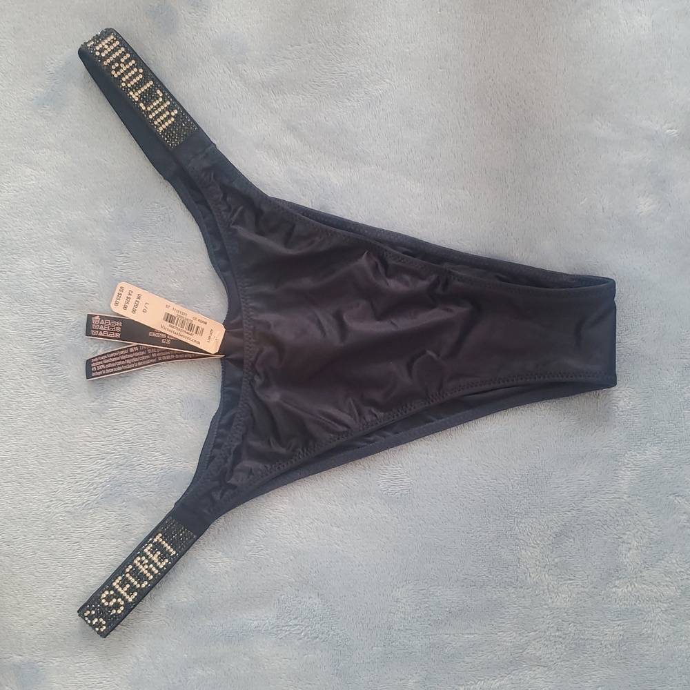 VS Shine Rhinestone Logo Strap Brazilian Panty New Size Large, Dark Blue.